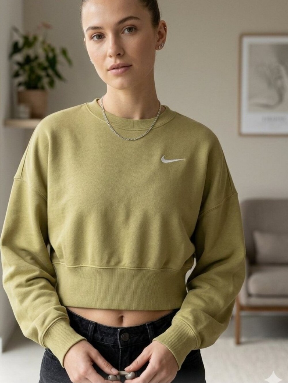Nike Chartruese Yellow/Green Cropped Dolman Sleeve Sweatshirt, S